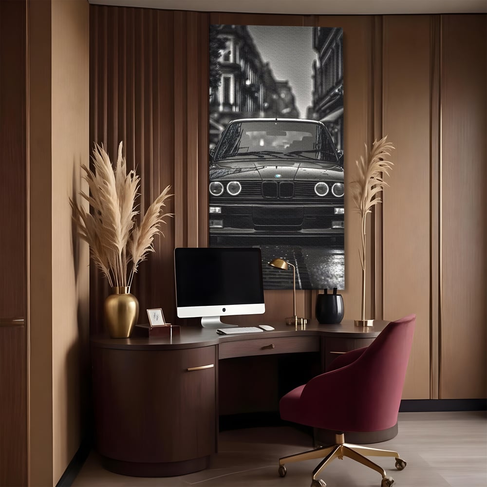 Tablou canvas cu tablou canvas cu masina bmw clasica, fara rama, pe sasiu de lemn, pe perete intr-un birou